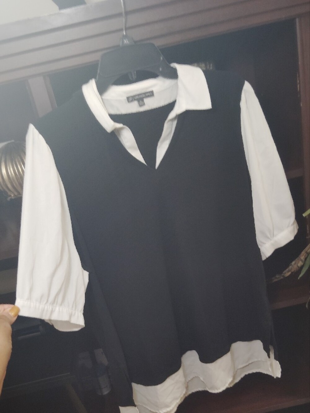 Adrianna Papell Black Layered-Look Blouse with White Collar and Sleeves - Picture 2 of 7